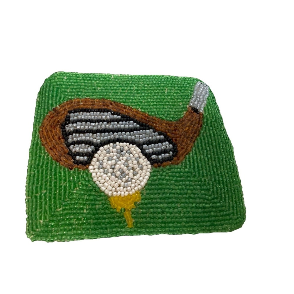 Vintage Handmade Beaded Golf Club Coin Purse Green Seed Bead Sport Change Pouch